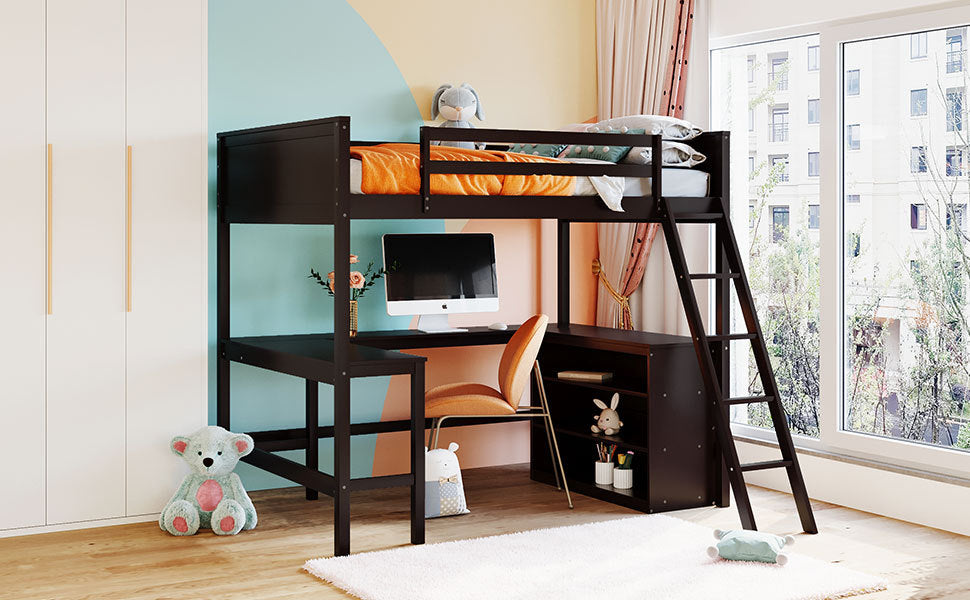 Full size Loft Bed with Shelves and Desk, Wooden Loft Bed with Desk - Espresso - Home Elegance USA