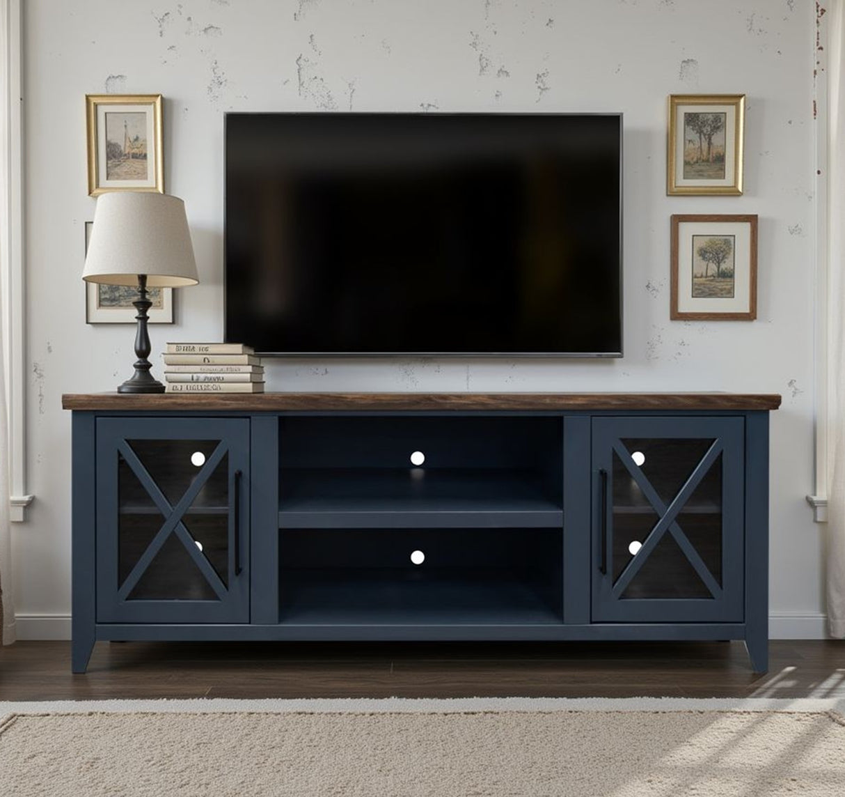 Ithaca 66 inch TV Stand Console, For TVs up to 80 inches, No Assembly Required, Blue and Bourbon Finish