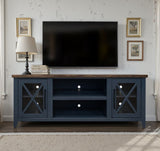 Ithaca 66 inch TV Stand Console, For TVs up to 80 inches, No Assembly Required, Blue and Bourbon Finish