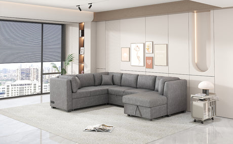 U-shaped Sectional Sofa Pull out Sofa Bed with USB Ports, Power Sockets, Storage Chaise, Light Gray Chenille, 108.6' - sold by Home Elegance USA