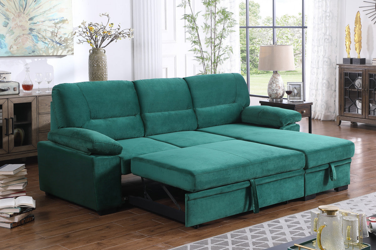 Kipling Green Velvet Fabric Reversible Sleeper Sectional Sofa Chaise - Home Elegance USA