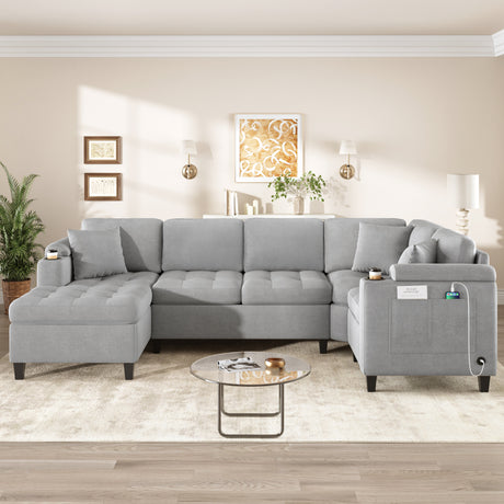 Modern U-shaped Sectional Sofa 115.7' Corner Living Room Couch with Built-in Cup Holders, Storage, USB Ports in Light Grey Chenille Fabric - sold by Home Elegance USA