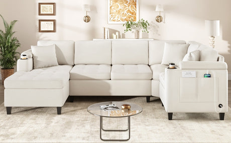 Modern U-shaped Sectional Sofa 115.7' with Built-in Cup Holders, Storage, USB Ports in Beige Chenille Fabric - sold by Home Elegance USA
