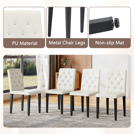Table and chair set.64.5 x 35.4 Inch Stylish Black Wood Color Textured Dining Table.4-pack white PU dining chairs: ergonomic buckle backrest.Exudes A Strong Sense Of Fashion. - sold by Home Elegance USA
