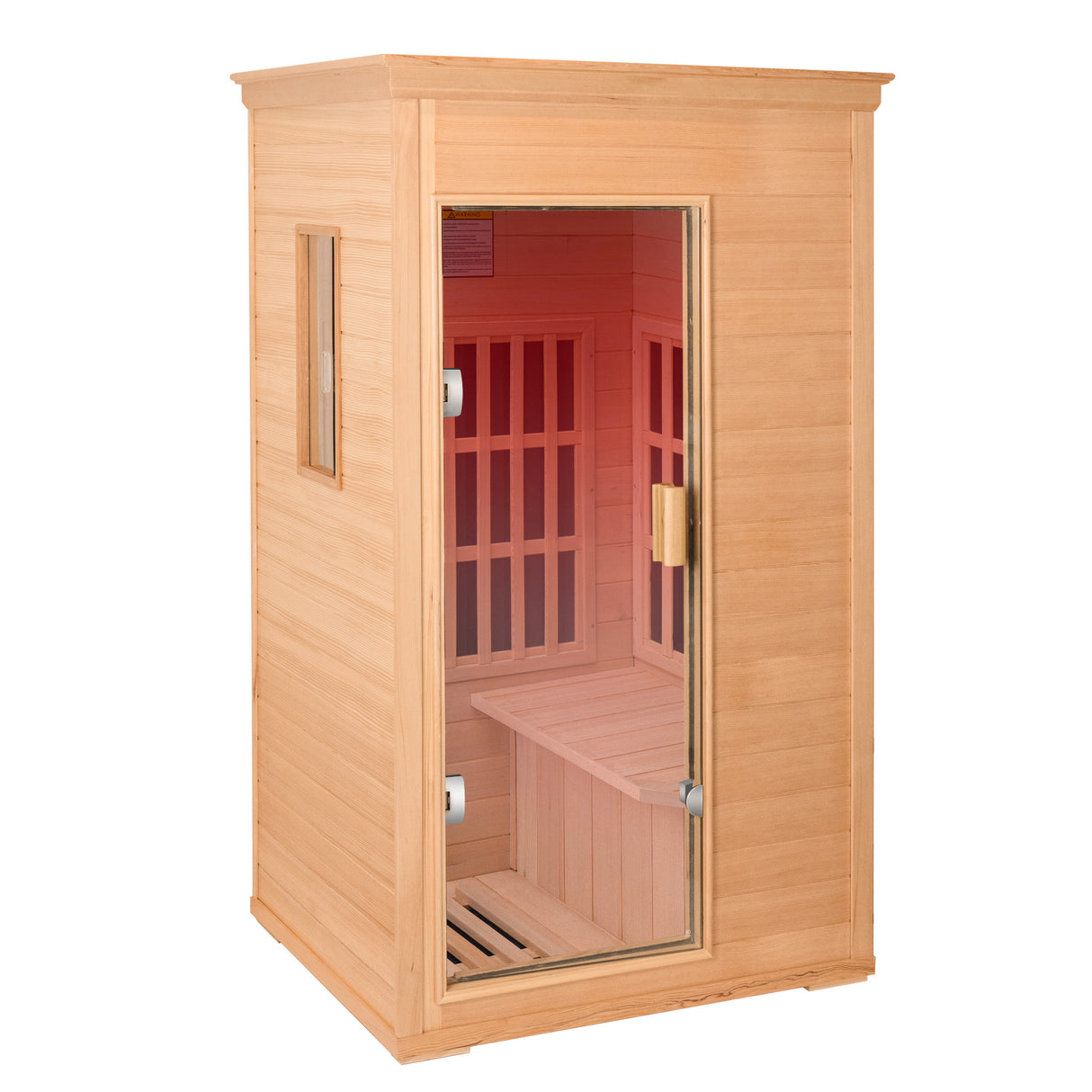 Sauna seca infrarroja para una persona, 1000 W, madera de cicuta, puerta de cristal, luces LED rojas y Bluetooth. Dimensiones: 37,8 x 30,3 x 65,4 cm.