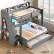 Twin over Full Bunk Bed with Storage Staircase,  Trundle, Storage Shelves, LED and USB, Grey