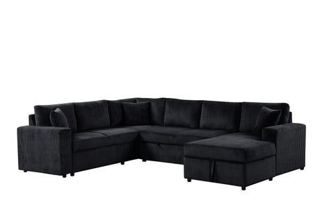 Ruxley 123'W Black Corduroy Sleeper Sectional Sofa with Right-Facing Storage Chaise and Throw Pillows - sold by Home Elegance USA