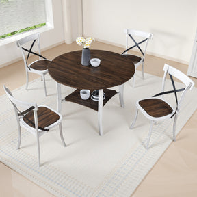 WOODHOMER 5-Piece Round Dining Set, 1 Table with 4 X-Back Chairs, Two-Tone Antique White & Walnut Finish, Space-Saving Kitchen & Dining Furniture - sold by Home Elegance USA
