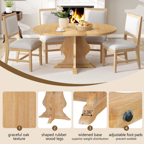 TREXM Farmhouse 5-Piece Dining Table Set with 4 Upholstered Chairs, Wood Extendable Dining Table with 15.7' Leaf for Extra Seating for Dining Room, Kitchen and Living Room (Natural Wood Wash) - sold by Home Elegance USA