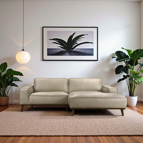 Kerrville Beige Leather Right Sectional Sofa with Chaise - Mid-Century Modern Style, Genuine Top Grain Leather, Walnut-Finished Wood Legs - sold by Home Elegance USA