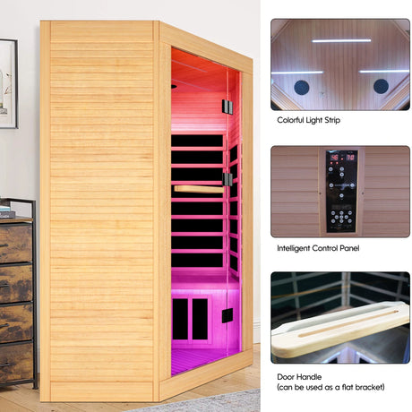 Canadian Hemlock Pentagonal Double Infrared Sauna – Two-Person Corner Design - sold by Home Elegance USA