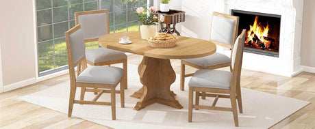 TREXM Farmhouse 5-Piece Dining Table Set with 4 Upholstered Chairs, Wood Extendable Dining Table with 15.7' Leaf for Extra Seating for Dining Room, Kitchen and Living Room (Natural Wood Wash) - sold by Home Elegance USA