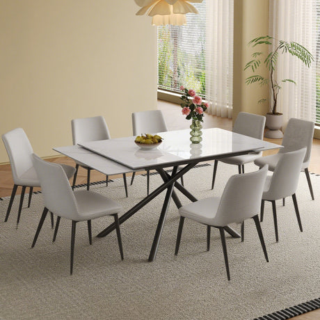 Modern Retractable Sintered Stone Dining Table Set with Black Carbon Steel Legs, Includes 8 Chairs - sold by Home Elegance USA