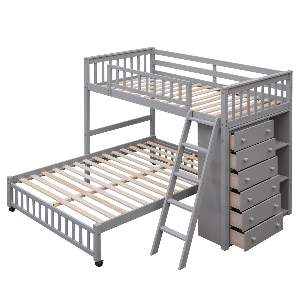 Wooden Twin Over Full Bunk Bed With Six Drawers And Flexible Shelves,Bottom Bed With Wheels,Gray(OLD SKU:LP000531AAE) - sold by Home Elegance USA
