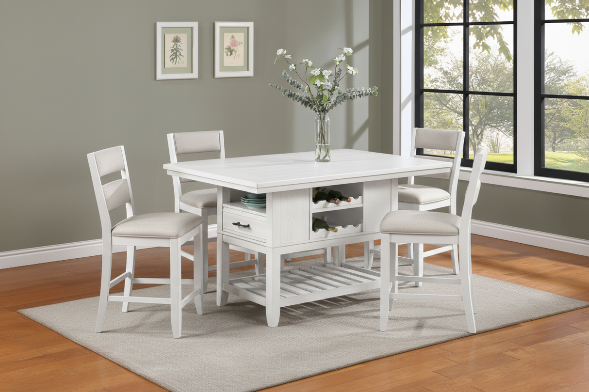 5pc Counter Height Dining Set White Rectangular Table Wine Bottle Storage Upholstery Chairs Open Shelf Storage Drawer Wooden Solid Wood Furniture