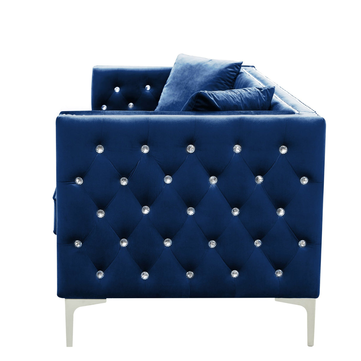 82.3" Width Modern Velvet Sofa Jeweled Buttons Tufted Square Arm Couch Blue,2 Pillows Included | Home Elegance USA