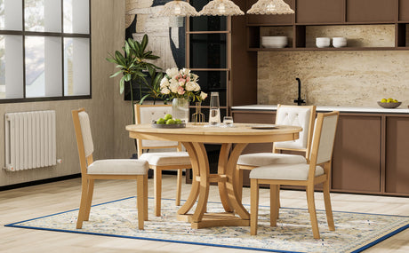 TREXM 5-Piece Retro Functional Dining Table Set Extendable Round Table and 4 Upholstered Chairs for Dining Room and Living Room (Natural) - sold by Home Elegance USA
