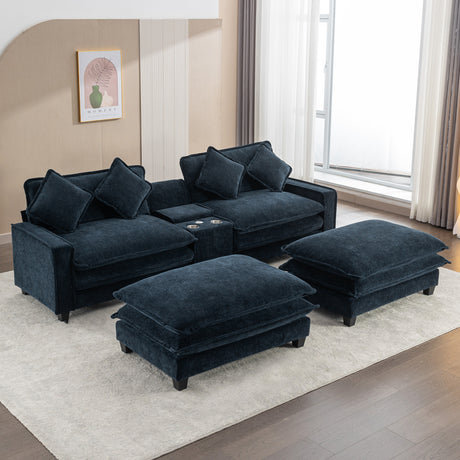 Contemporary Chenille Upholstered Sectional Sofa with Ottomans, USB Ports, Cup Holders & Storage, Blue - sold by Home Elegance USA