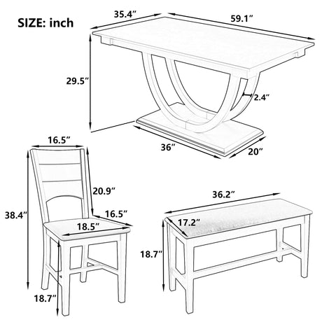 TOPMAX Modern Style Natural Wood 6-Piece Dining Table Set with Bench and Chairs, Upholstered Seats, Rubberwood Frame - sold by Home Elegance USA