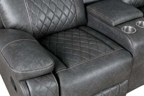Home Theater Seating Manual Recliner with Cup Holder, Hide-Away Storage PU Reclining Sofa for Living Room, Home Theater, Gray - sold by Home Elegance USA