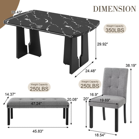6 Piece Modern Dining Table Set, 63' Faux Marble Dining Table with Geometric Legs & 4 Upholstered Chairs & 1 Bench, Suitable for Dining Kitchen Room,Easy to Assemble, Black + Gray - sold by Home Elegance USA