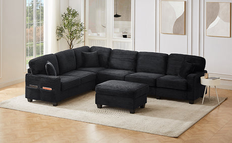 Upholstered U-shaped Sectional Sofa with Movable Ottoman and Side Storage Pockets in Black Corduroy, 125.2 inches - sold by Home Elegance USA