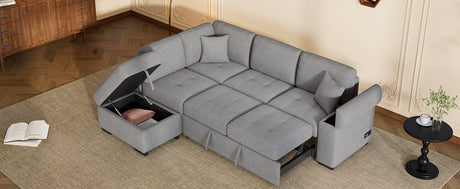 Sleeper Sectional Sofa, L-Shape Corner Couch Sofa-Bed with Storage Ottoman & Hidden Arm Storage & USB Charge  for Living Room Apartment, Gray - sold by Home Elegance USA