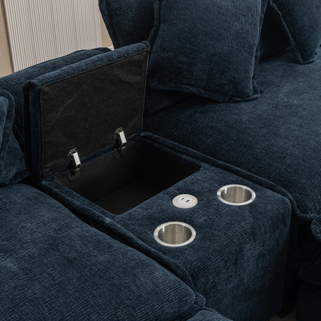 Contemporary Chenille Upholstered Sectional Sofa with Ottomans, USB Ports, Cup Holders & Storage, Blue - sold by Home Elegance USA