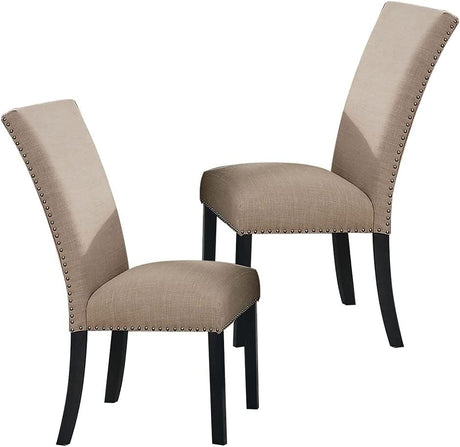 Gorgeous Marble Top Table w 6x Side Chairs Beige Fabric Upholstered Chair Dining Room 7pc Set Black Wooden Furniture - sold by Home Elegance USA