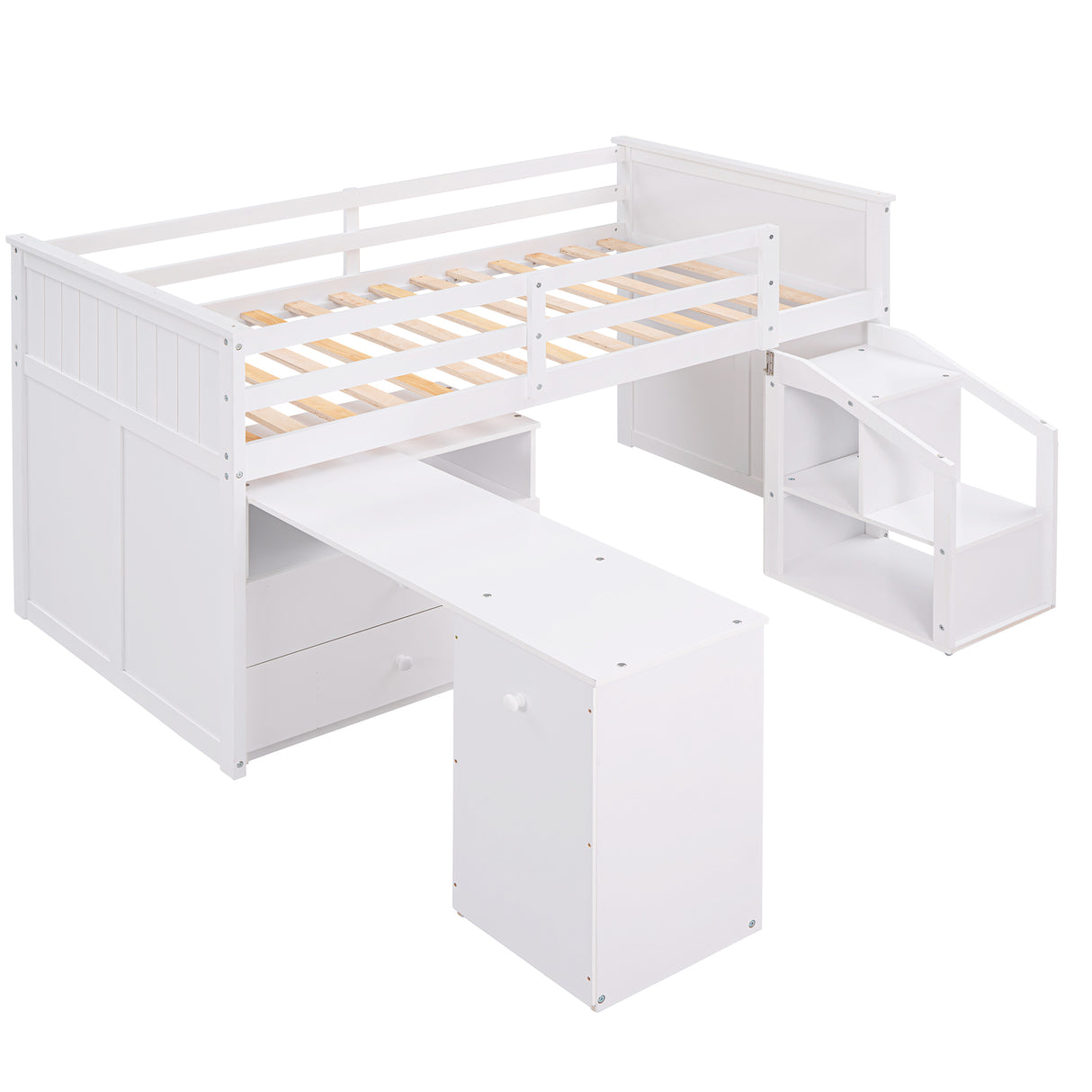 Loft Bed Low Study Twin Size Loft Bed With Storage Steps and Portable,Desk,White(OLD SKU: LT000101AAK) - Home Elegance USA