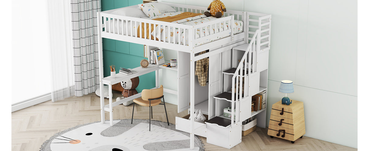 Full size Loft Bed with Bookshelf,Drawers,Desk,and Wardrobe-White - Home Elegance USA