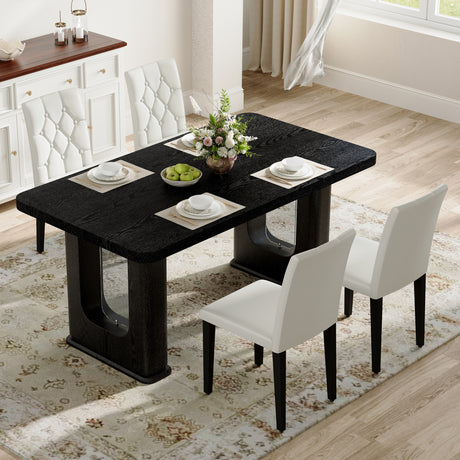 Table and chair set.64.5 x 35.4 Inch Stylish Black Wood Color Textured Dining Table.4-pack white PU dining chairs: ergonomic buckle backrest.Exudes A Strong Sense Of Fashion. - sold by Home Elegance USA