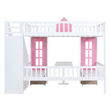 Full-Over-Full Bunk Bed with Changeable Table, Bunk Bed Turn into Upper Bed and Down Desk -Pink - Home Elegance USA