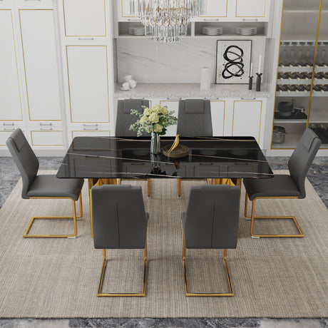 Table and chair set.The table has a glass tabletop with imitation marble pattern stickers and stainless steel golden legs. Paried with 6 comfortable chairs with PU seats and metal legs.W1151S01515 - sold by Home Elegance USA