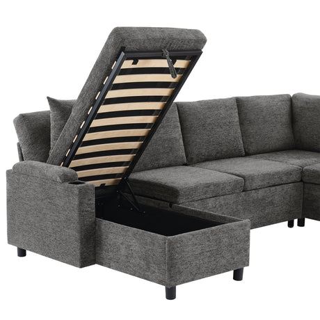 Versatile U-Shaped Sectional Sofa Bed with Storage, Cup Holders, Charging Ports in Grey Chenille - sold by Home Elegance USA