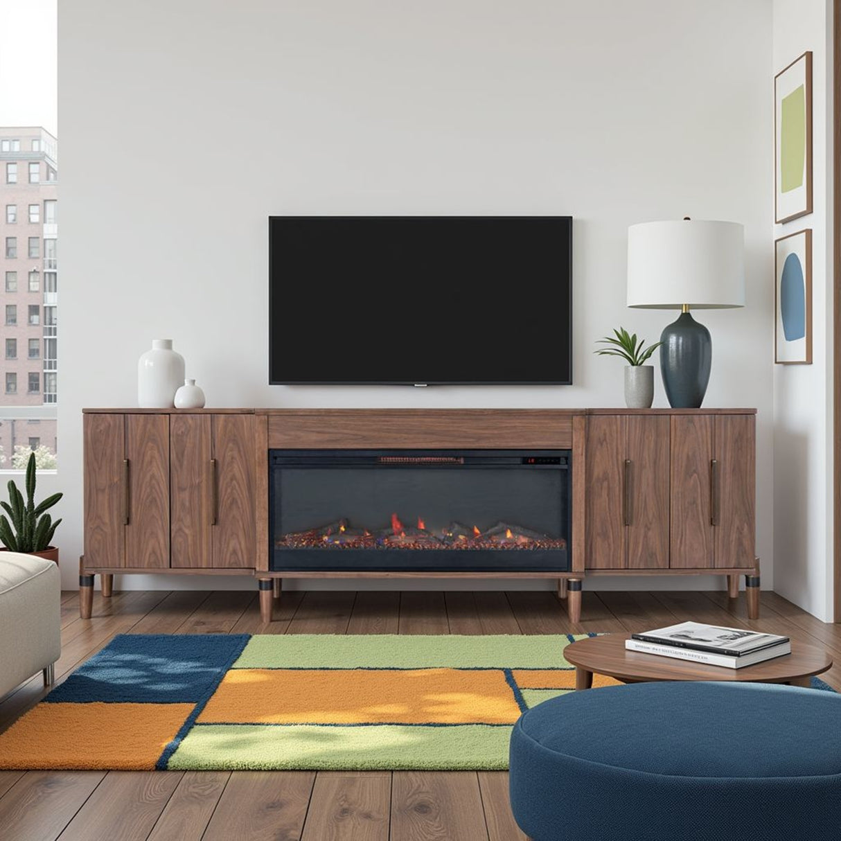 Tranquility 94 inch Fireplace TV Stand, for TVs up to 100 inches, Minimal Assembly, Walnut Finish