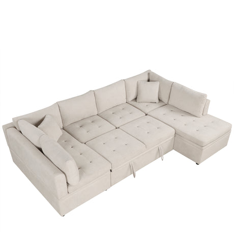Oversized U-Shaped Sectional Sofa Couch with Pull-out Bed, Beige Chenille, 117.3' - sold by Home Elegance USA