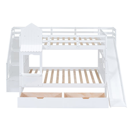 Full-Over-Full Castle Style Bunk Bed with 2 Drawers 3 Shelves and Slide - White(OLD SKU:LT000558AAK-2) - sold by Home Elegance USA