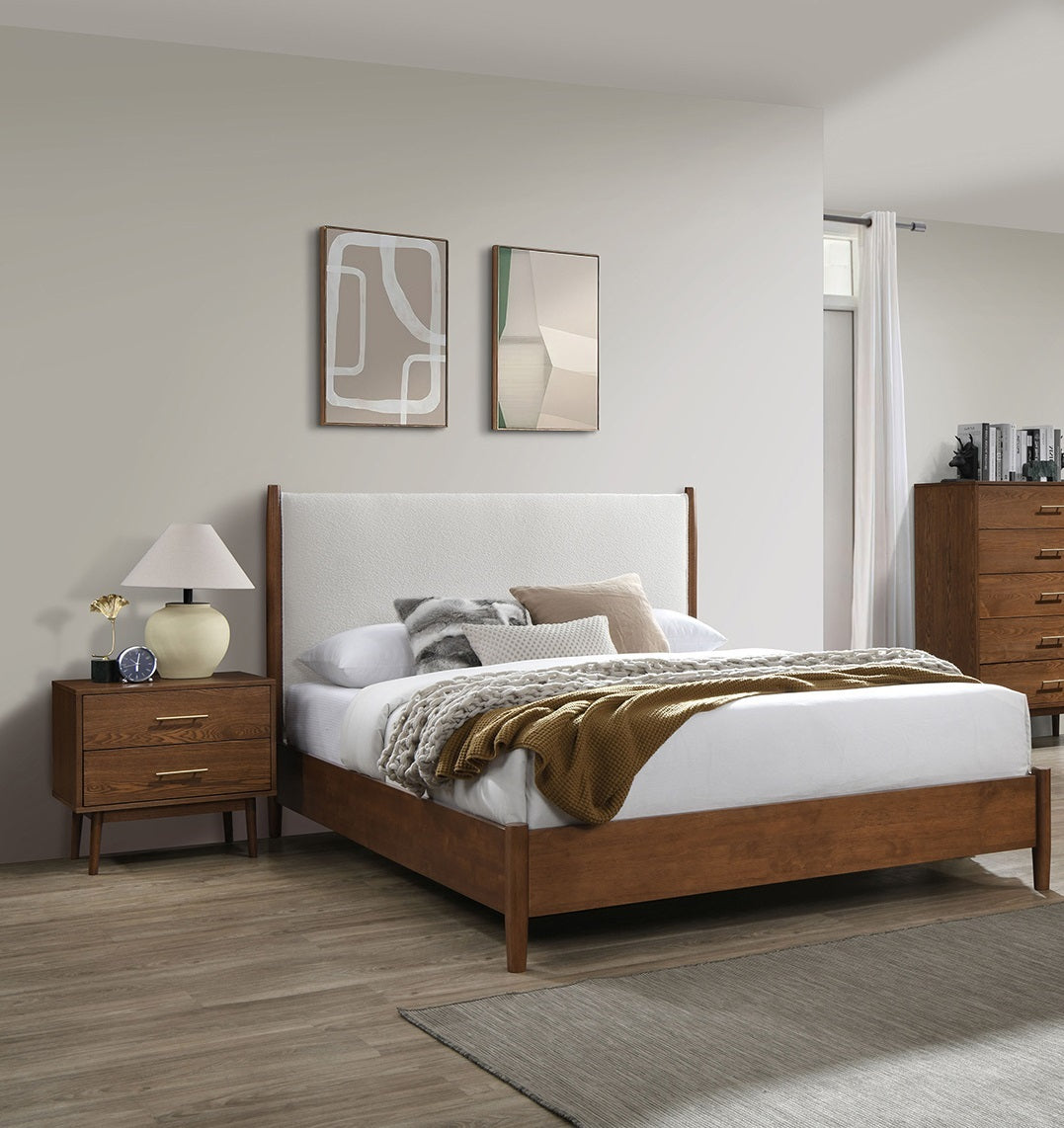 Walnut Color 3pc Bedroom Set Full Size Bed 2x Nightstands Beige Upholstered Fabric Panel HB Mid-Century Modern Style