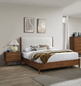 Walnut Color 3pc Bedroom Set Full Size Bed 2x Nightstands Beige Upholstered Fabric Panel HB Mid-Century Modern Style