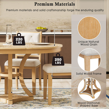 TREXM 5-Piece Retro Functional Dining Table Set Extendable Round Table and 4 Upholstered Chairs for Dining Room and Living Room (Natural) - sold by Home Elegance USA