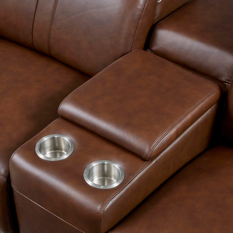 Leather Match Modular Sectional with Recliner Seat and Adjustable Headrest and Storage Console with Cup Holders - sold by Home Elegance USA