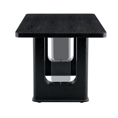 Table and chair set.64.5 x 35.4 Inch Stylish Black Wood Color Textured Dining Table.Paired with 6 Black - and - White PU Dining Chairs with Shell - pattern. Exudes A Strong Sense Of Fashion. - sold by Home Elegance USA