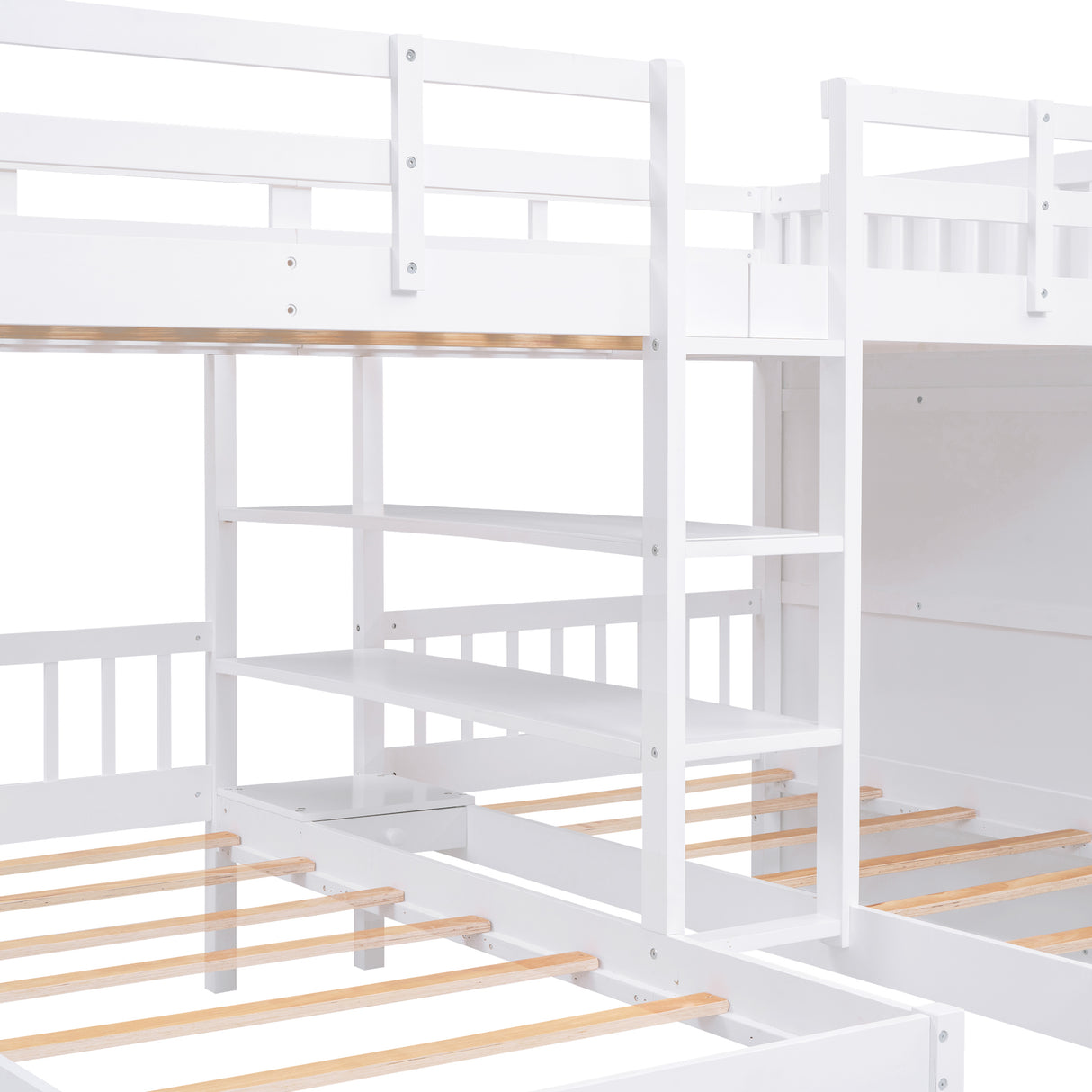 Full-Over-Twin-Twin Bunk Bed with Shelves, Wardrobe and Mirror, White - Home Elegance USA