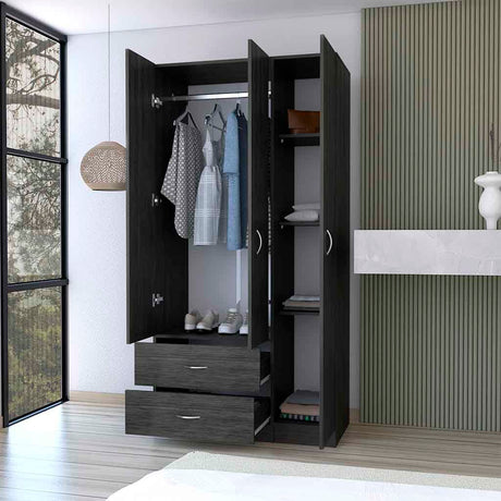 Three Door Armoire Clark, Bedroom, Smokey Oak / White - sold by Home Elegance USA