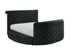 1pc Luxurious Queen Size Bed Deeply Tufted Headboard Nail Head Trim Upholstered Sumptuous Black Velvet Footboard w Integrated Television Lift Mechanism Built-in Electric Fireplace Storage Furniture