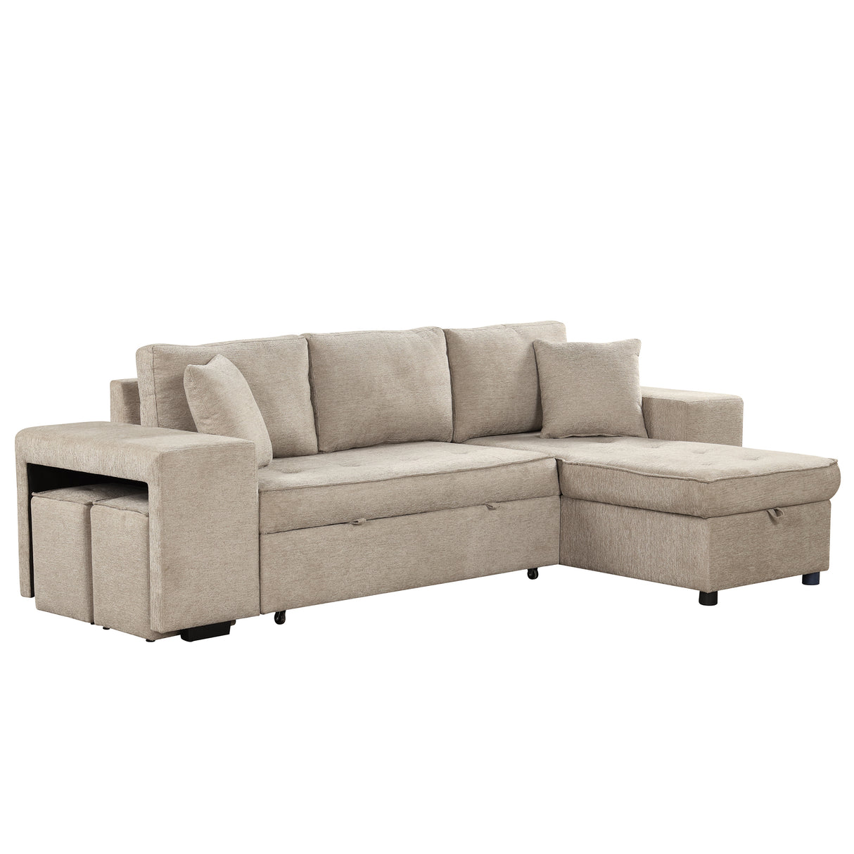 Modern L-Shape 3 Seat Reversible Sectional Couch with Pull Out Sleeper, Storage Chaise & 2 Stools, Cream, Linen Chenille