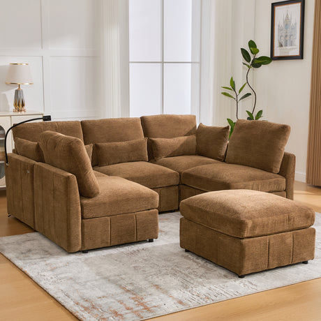 Modern Sectional Sofa Modular Sofa 85.4' U-shaped Sofa Couch with Movable Ottoman, USB Ports, Phone Holder, Brown Chenille - sold by Home Elegance USA