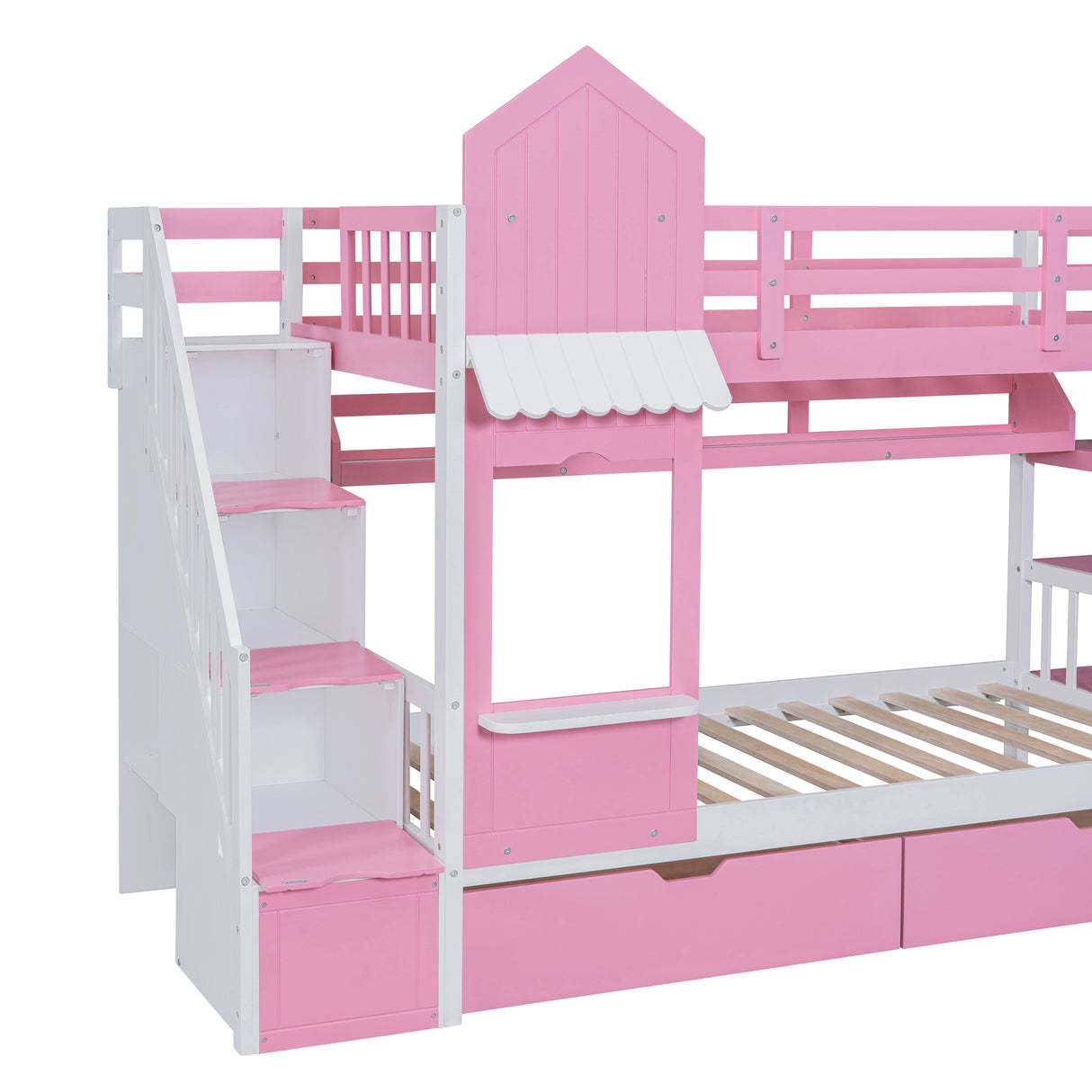 Twin-Over-Twin Castle Style Bunk Bed with 2 Drawers 3 Shelves and Slide - Pink - Home Elegance USA