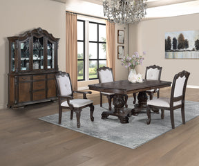 Formal 5pc Rectangular Dining Table 18' Extendable Leaf Side Chair Arm Chair Rich Dark Coffee Brown Finish Intricately Carved Double Pedestal Base Solid Wood Dining Set - sold by Home Elegance USA